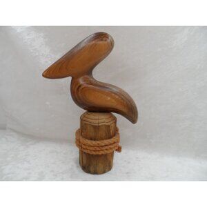 Carved Wooden Pelican Figurine On Rope-Wrapped Base 8.5x6
